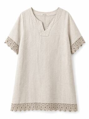 Alessia Pacini Italy 100% Linen Dress Small Beige Crochet Lace Boho Shift